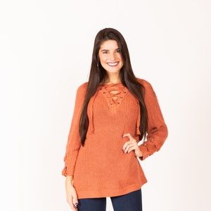 Orange Lace Up Sweater